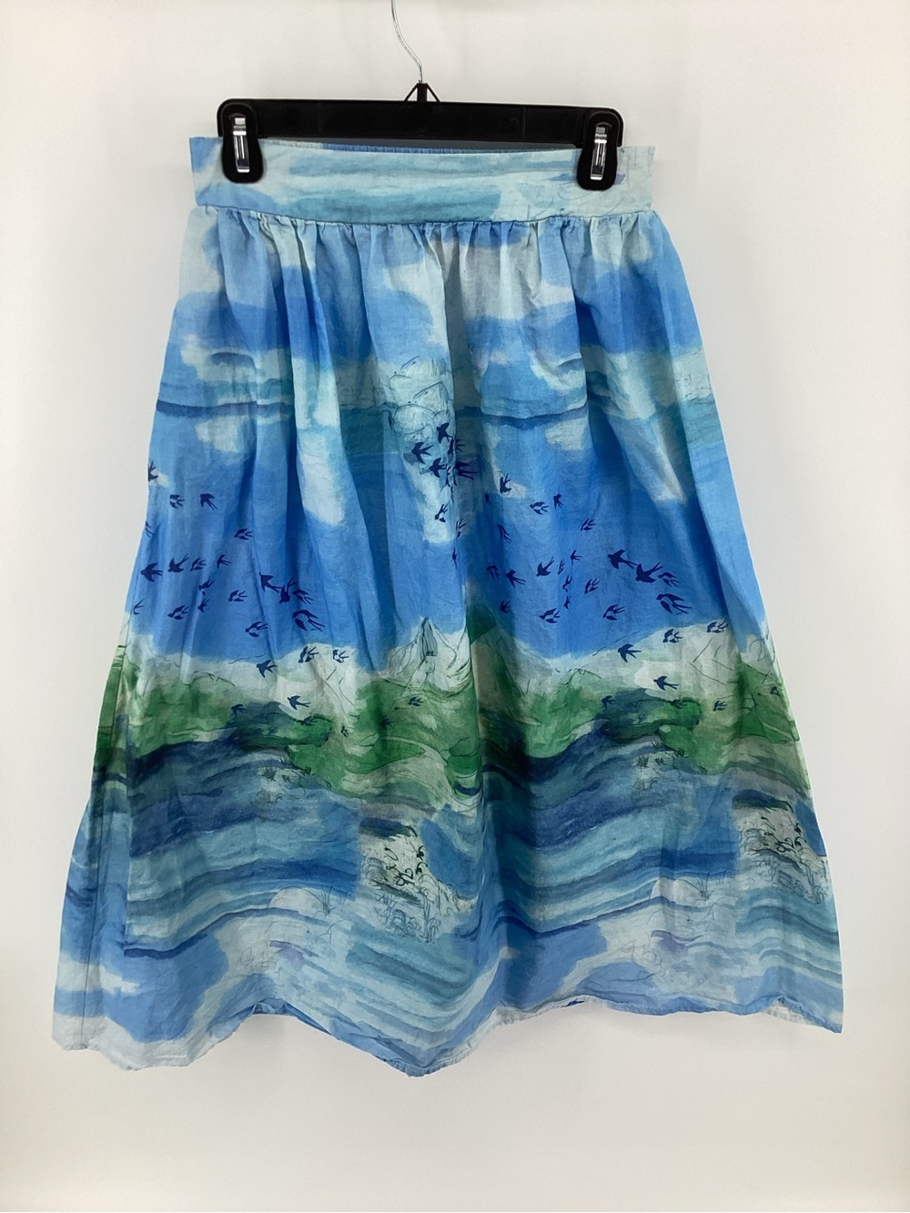 Elie Tahari Blue and Green Watercolor coastal river A-Line Skirt
